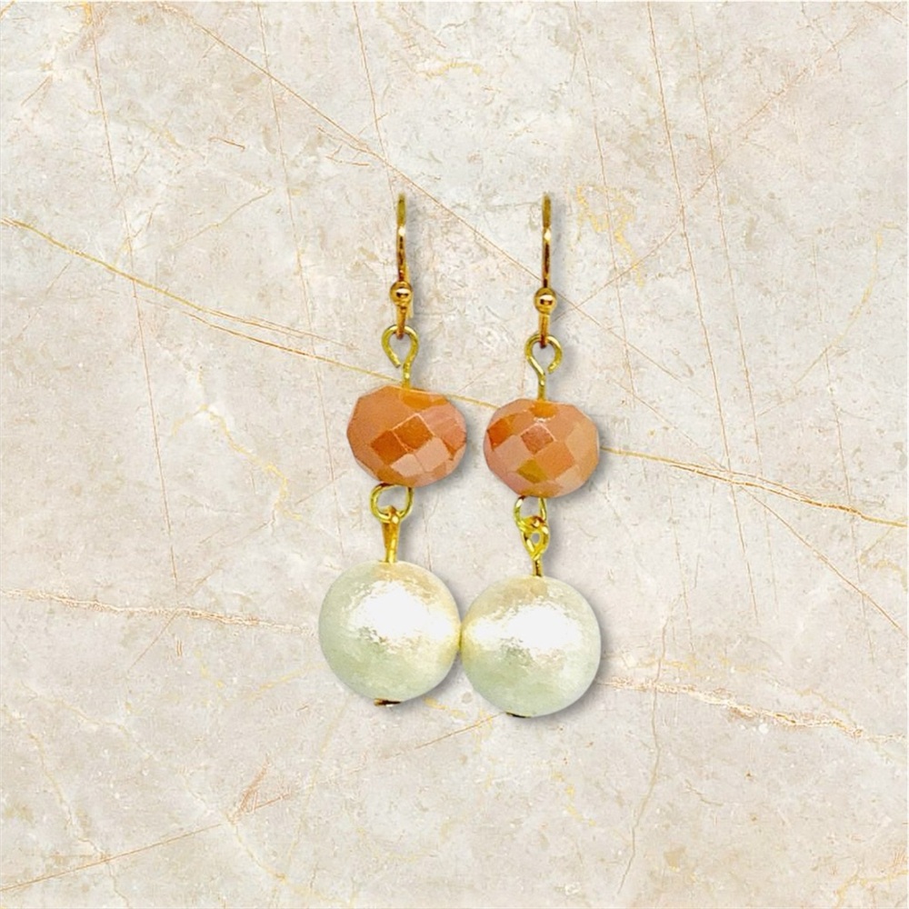 BOUTIQUE Gold and Cream Two-Tone Drop Earrings, Foil Beaded Dangles, Dainty
